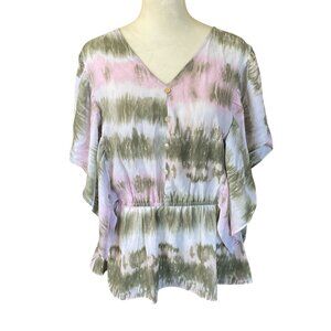 Chenault olive green pink pullover sheer v-neck peplum top flutter sleeves XL